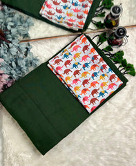 Premium Handloom Cotton Saree - Emeralad Green saree with elephant printed blouse - Cotton Dori