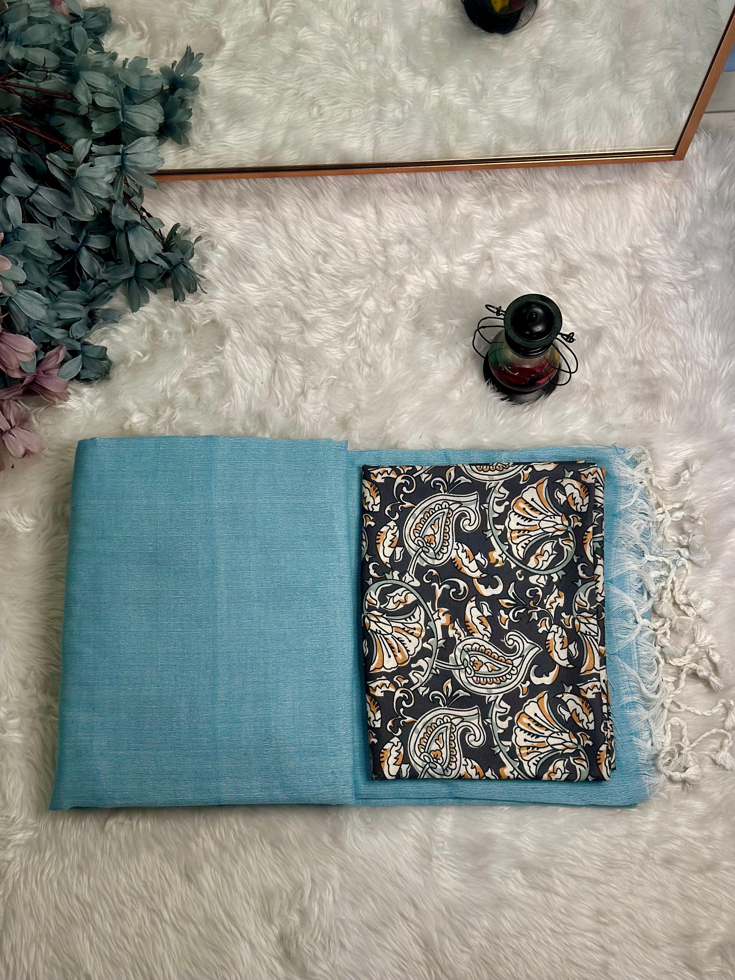 Premium Handloom Cotton Saree - Elegant sky blue saree with black printed blouse - Cotton Dori