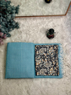Premium Handloom Cotton Saree - Elegant sky blue saree with black printed blouse - Cotton Dori