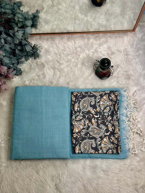Premium Handloom Cotton Saree - Elegant sky blue saree with black printed blouse - Cotton Dori