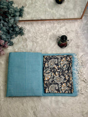 Premium Handloom Cotton Saree - Elegant sky blue saree with black printed blouse - Cotton Dori