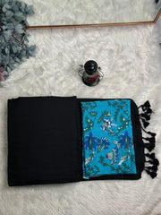 Premium Handloom Cotton Saree - Royal black saree with ocean blue blouse - Cotton Dori
