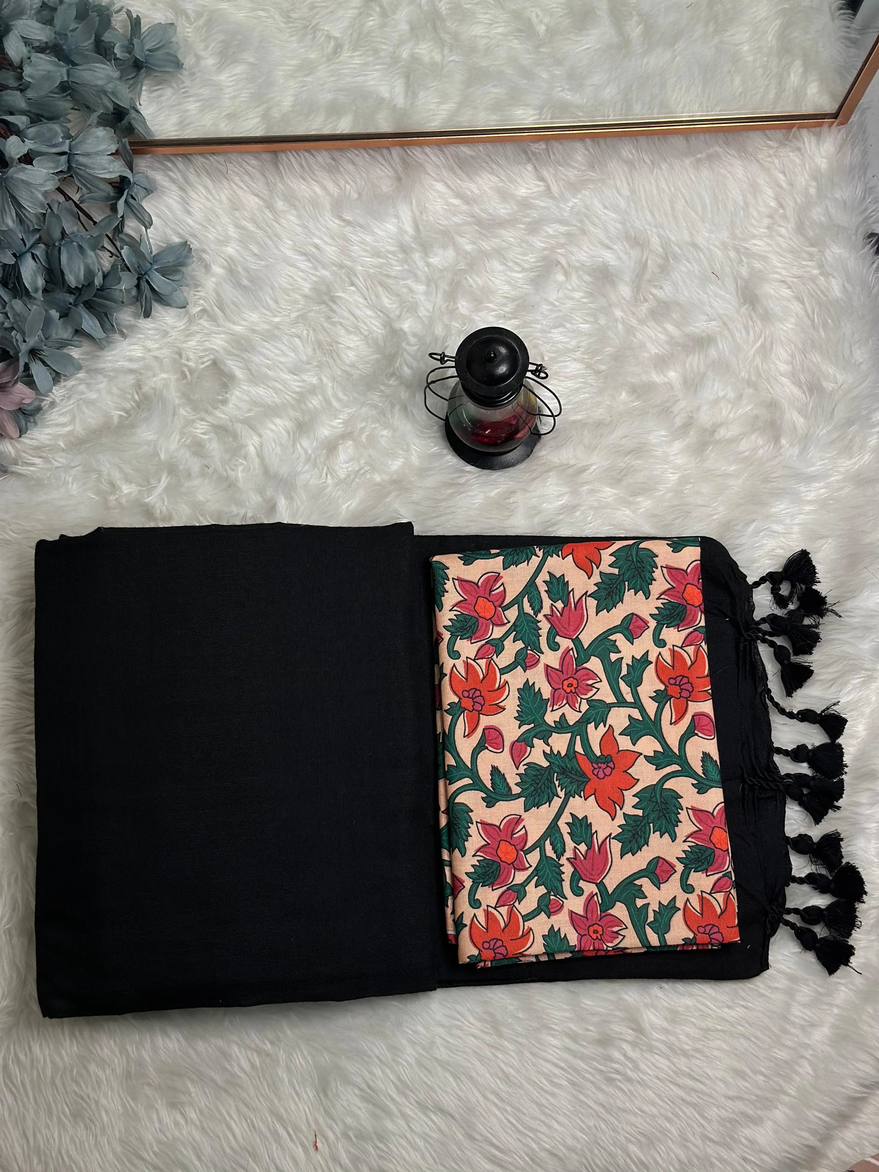 Premium Handloom Cotton Saree - Shadow black saree with cream flower printed blouse - Cotton Dori