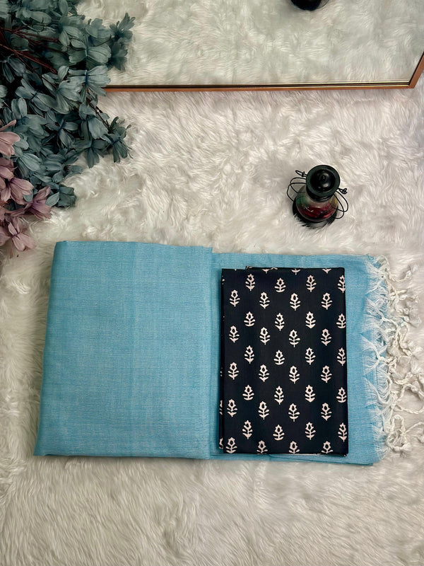 Premium Handloom Cotton Saree - Beautiful sky blue saree with black printed blouse - Cotton Dori