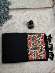 Premium Handloom Cotton Saree - Shadow black saree with cream flower printed blouse - Cotton Dori