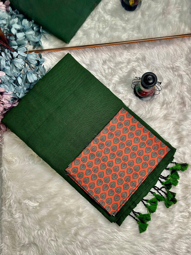 Premium Handloom Cotton Saree - Pure cotton Emeralad Green saree with red printed blouse