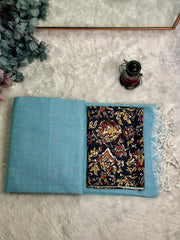 Premium Handloom Cotton Saree - Light blue saree with black floral blouse - Cotton Dori