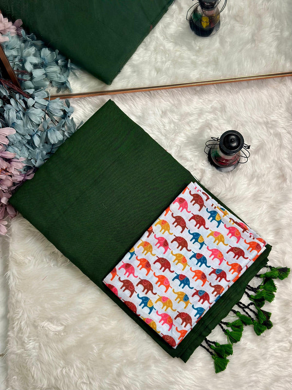 Premium Handloom Cotton Saree - Emeralad Green saree with elephant printed blouse - Cotton Dori