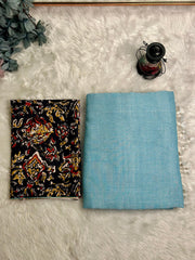 Premium Handloom Cotton Saree - Light blue saree with black floral blouse - Cotton Dori