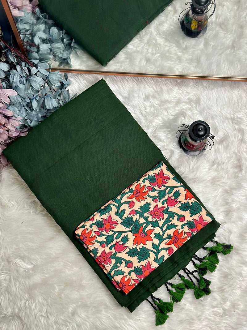 Premium Handloom Cotton Saree - Pine green saree with cream printed Blouse