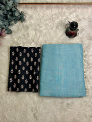 Premium Handloom Cotton Saree - Beautiful sky blue saree with black printed blouse - Cotton Dori