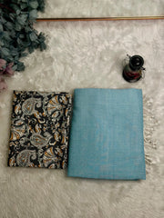 Premium Handloom Cotton Saree - Elegant sky blue saree with black printed blouse - Cotton Dori