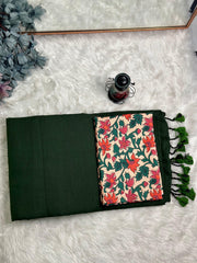 Premium Handloom Cotton Saree - Pine green saree with cream printed Blouse - Cotton Dori