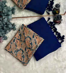 Premium Handloom Cotton Saree - Embellished navy blue saree with orange flower printed blouse - Cotton Dori