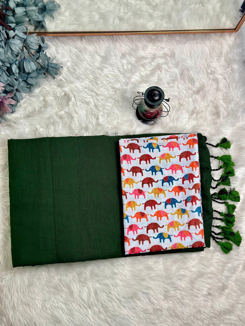 Premium Handloom Cotton Saree - Emeralad Green saree with elephant printed blouse - Cotton Dori