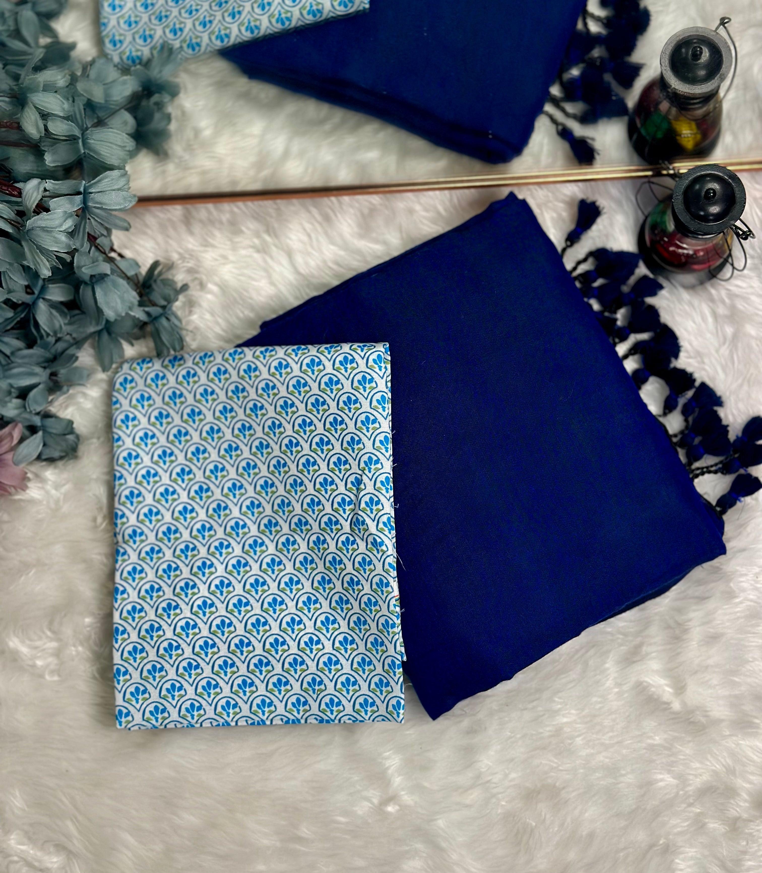 Royal navy blue saree with printed sky blue blouse - My Store