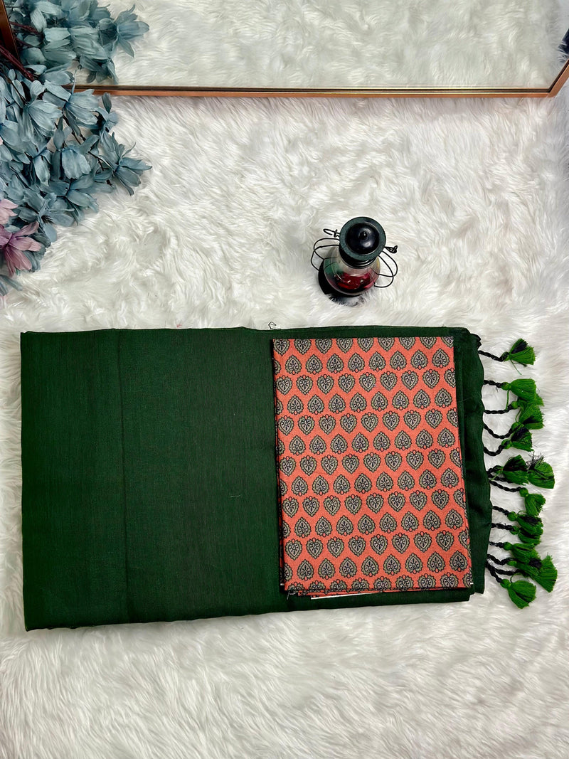 Premium Handloom Cotton Saree - Pure cotton Emeralad Green saree with red printed blouse - Cotton Dori