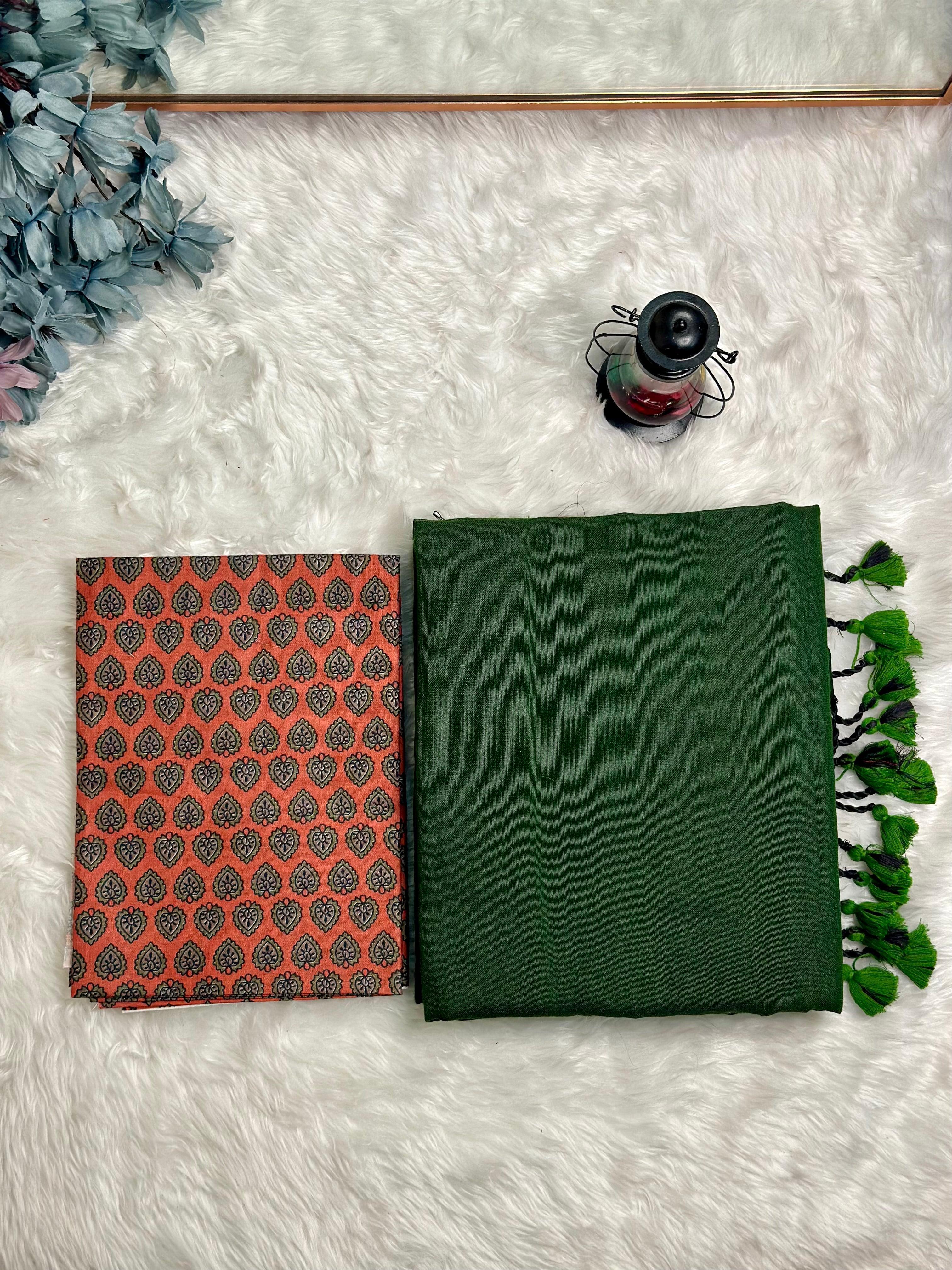 Premium Handloom Cotton Saree - Pure cotton Emeralad Green saree with red printed blouse - Cotton Dori