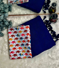Premium Handloom Cotton Saree - Cotton indigo saree with white elephant printed blouse - Cotton Dori