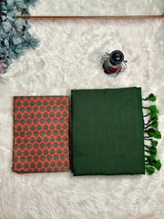 Premium Handloom Cotton Saree - Pure cotton Emeralad Green saree with red printed blouse - Cotton Dori