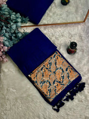 Premium Handloom Cotton Saree - Embellished navy blue saree with orange flower printed blouse - Cotton Dori
