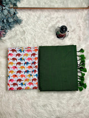 Premium Handloom Cotton Saree - Emeralad Green saree with elephant printed blouse - Cotton Dori
