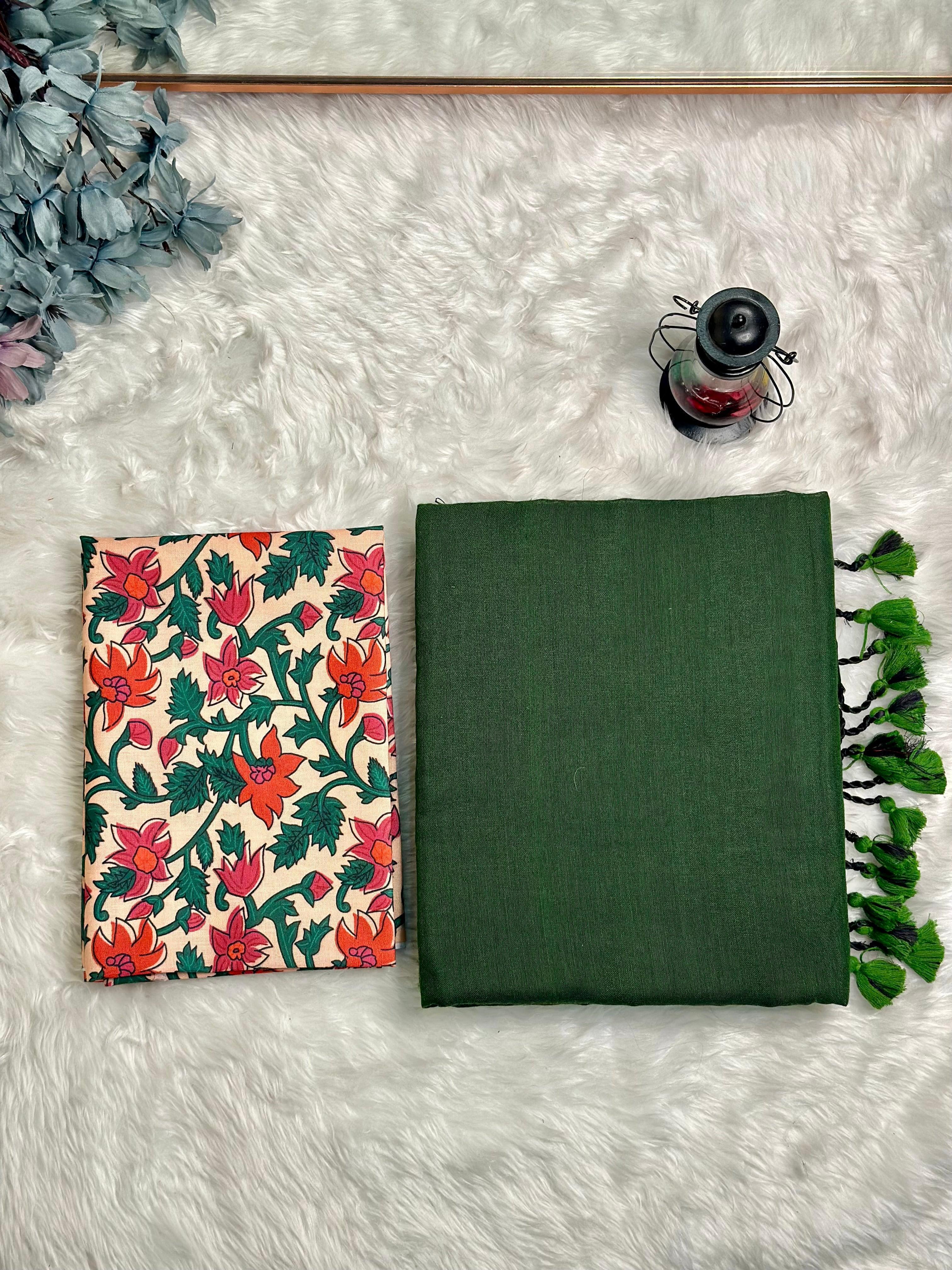 Premium Handloom Cotton Saree - Pine green saree with cream printed Blouse - Cotton Dori