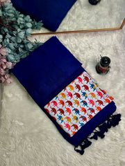 Premium Handloom Cotton Saree - Cotton indigo saree with white elephant printed blouse - Cotton Dori