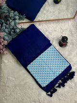 Premium Handloom Cotton Saree - Royal navy blue saree with printed sky blue blouse - Cotton Dori