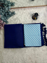 Premium Handloom Cotton Saree - Royal navy blue saree with printed sky blue blouse - Cotton Dori