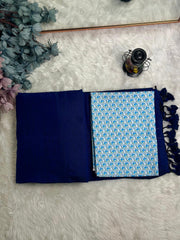 Royal navy blue saree with printed sky blue blouse - My Store