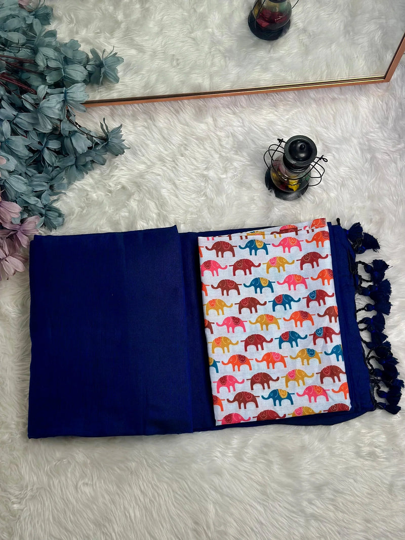 Premium Handloom Cotton Saree - Cotton indigo saree with white elephant printed blouse - Cotton Dori