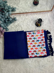 Premium Handloom Cotton Saree - Cotton indigo saree with white elephant printed blouse - Cotton Dori