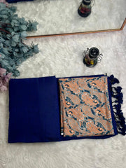Premium Handloom Cotton Saree - Embellished navy blue saree with orange flower printed blouse - Cotton Dori