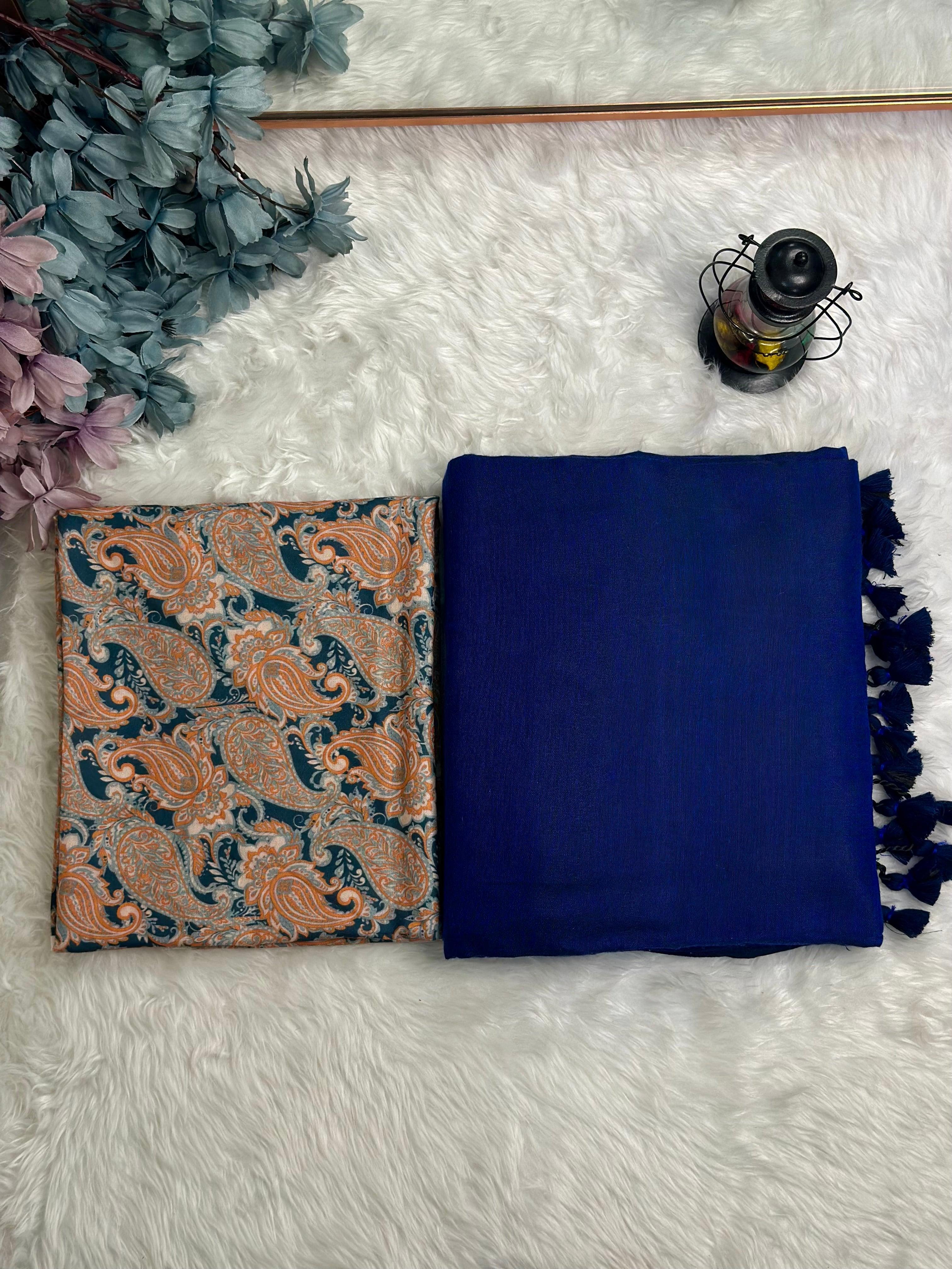 Premium Handloom Cotton Saree - Embellished navy blue saree with orange flower printed blouse - Cotton Dori