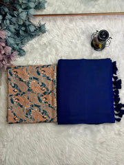Premium Handloom Cotton Saree - Embellished navy blue saree with orange flower printed blouse - Cotton Dori