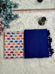 Premium Handloom Cotton Saree - Cotton indigo saree with white elephant printed blouse - Cotton Dori