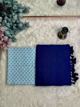 Premium Handloom Cotton Saree - Royal navy blue saree with printed sky blue blouse - Cotton Dori