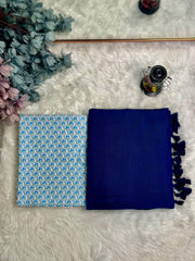 Royal navy blue saree with printed sky blue blouse - My Store