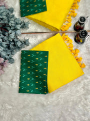 Premium Handloom Cotton Saree - Handloom yellow saree with forest green blouse - Cotton Dori