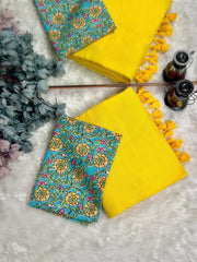 Premium Handloom Cotton Saree - Pure cotton yellow saree with baby blue blouse - Cotton Dori