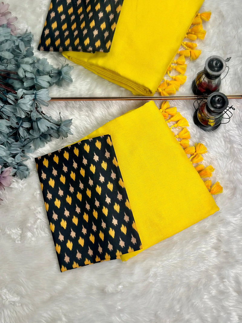 Premium Handloom Cotton Saree - Lemon yellow saree with black printed blouse - Cotton Dori