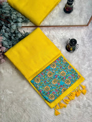 Premium Handloom Cotton Saree - Pure cotton yellow saree with baby blue blouse - Cotton Dori