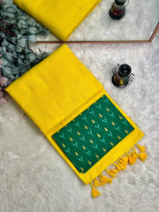 Premium Handloom Cotton Saree - Handloom yellow saree with forest green blouse - Cotton Dori