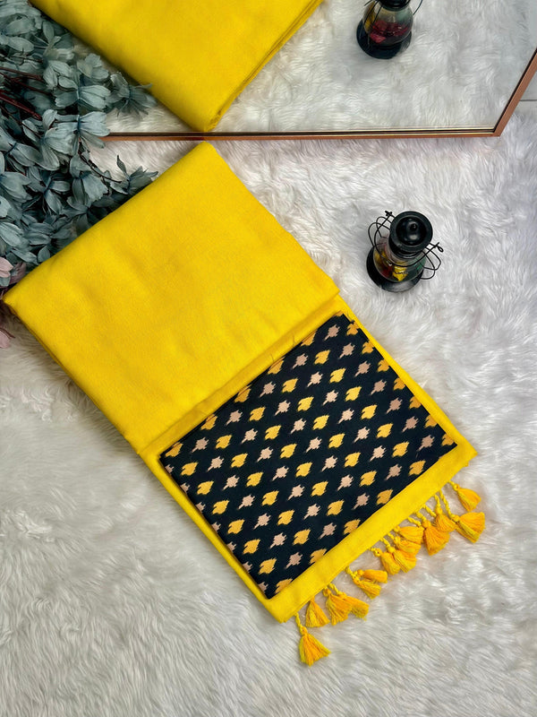 Premium Handloom Cotton Saree - Lemon yellow saree with black printed blouse - Cotton Dori