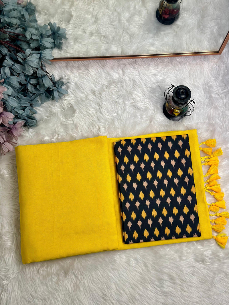 Premium Handloom Cotton Saree - Lemon yellow saree with black printed blouse - Cotton Dori
