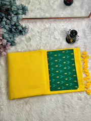 Premium Handloom Cotton Saree - Handloom yellow saree with forest green blouse - Cotton Dori