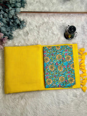Premium Handloom Cotton Saree - Pure cotton yellow saree with baby blue blouse - Cotton Dori