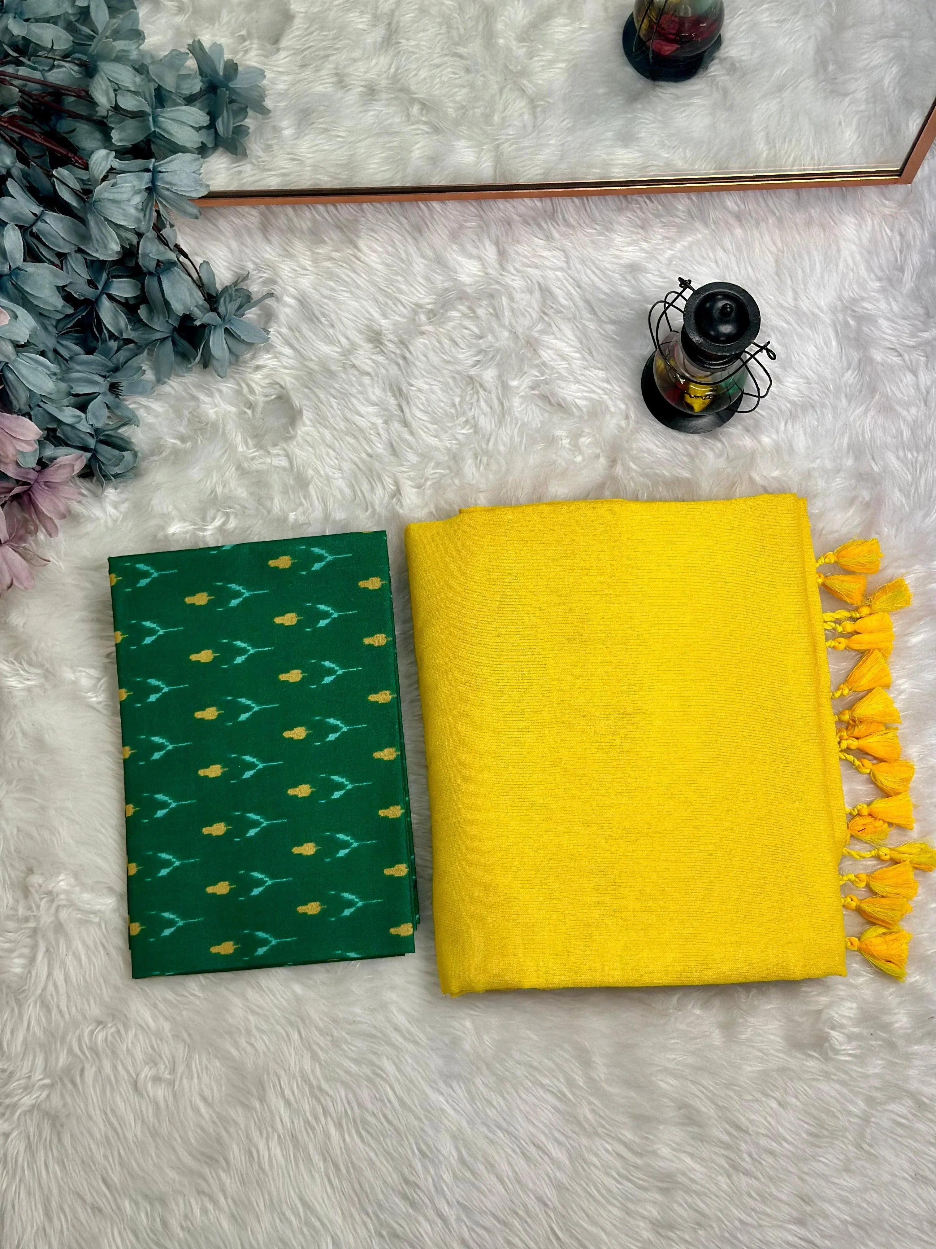 Premium Handloom Cotton Saree - Handloom yellow saree with forest green blouse - Cotton Dori