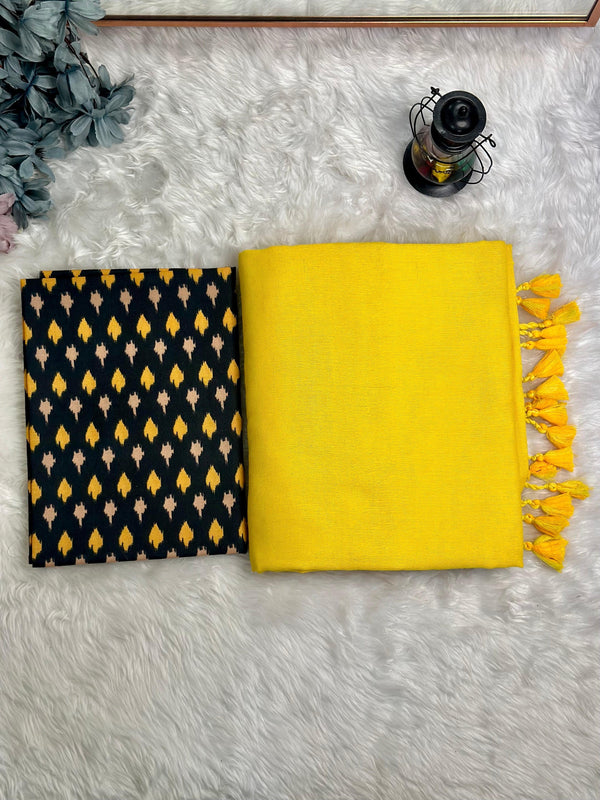 Premium Handloom Cotton Saree - Lemon yellow saree with black printed blouse - Cotton Dori